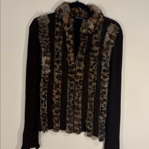 Y2K Spice Girls / Cheetah Girls Leopard Print *Rabbit Fur* Zip Up Knit Jacket